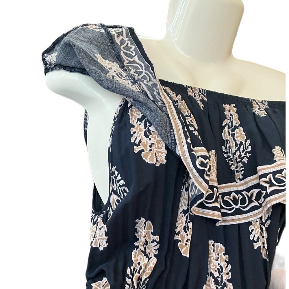 Kori America Women's Navy/Tan/White Floral Off-The-Shoulder Maxi Dress | Size L - Picture 6 of 12